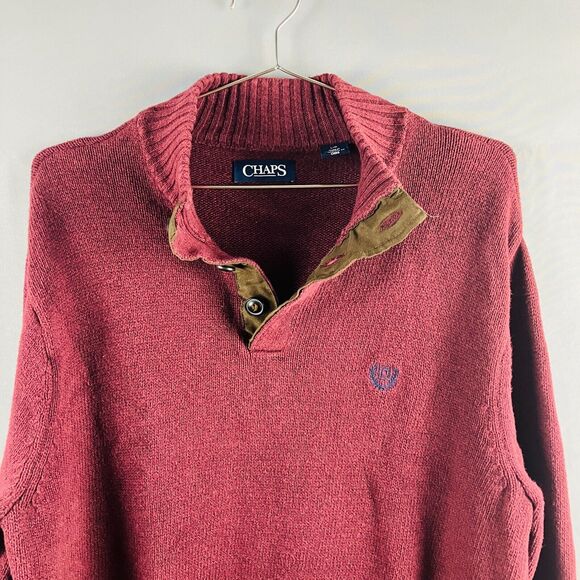 Chaps Sweater Mens L Red Knit Pullover Elbow Patch Quarter Button Mock Neck - Picture 5 of 10